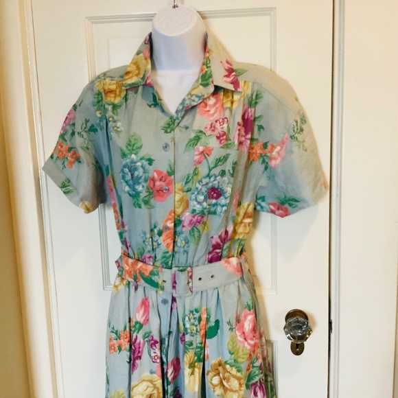 Vintage Petite 6 floral short sleeve belted midi length full skirt  side pockets - Picture 4 of 14